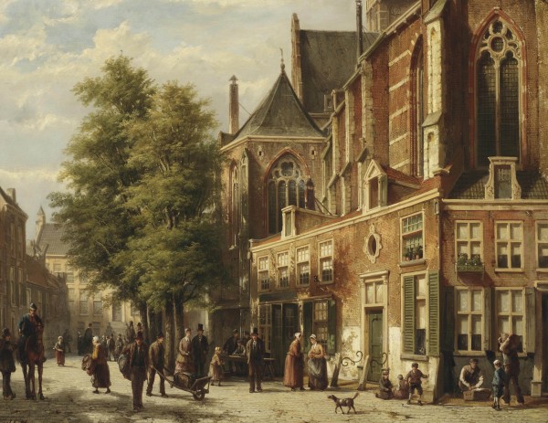 Numerous figures in a sunlit street near a church by Willem Koekkoek